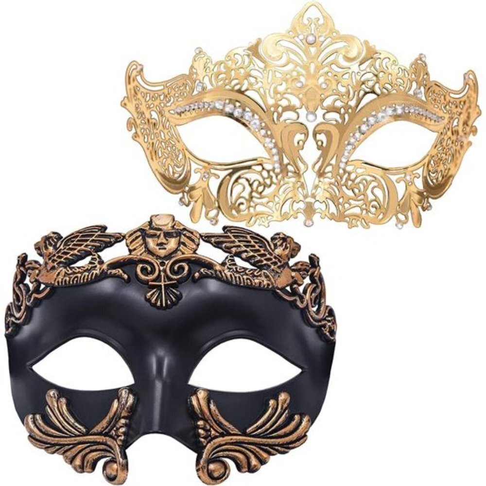 Masquerade Mask for Couple - Roman Greek Man Mask & Venetian Metal Women
